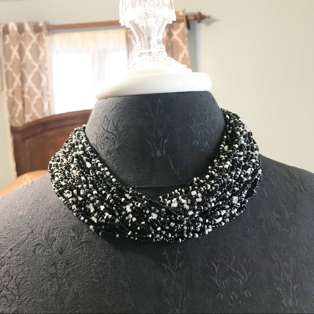 Multi-Strand Black White Iridescent Bead Necklace